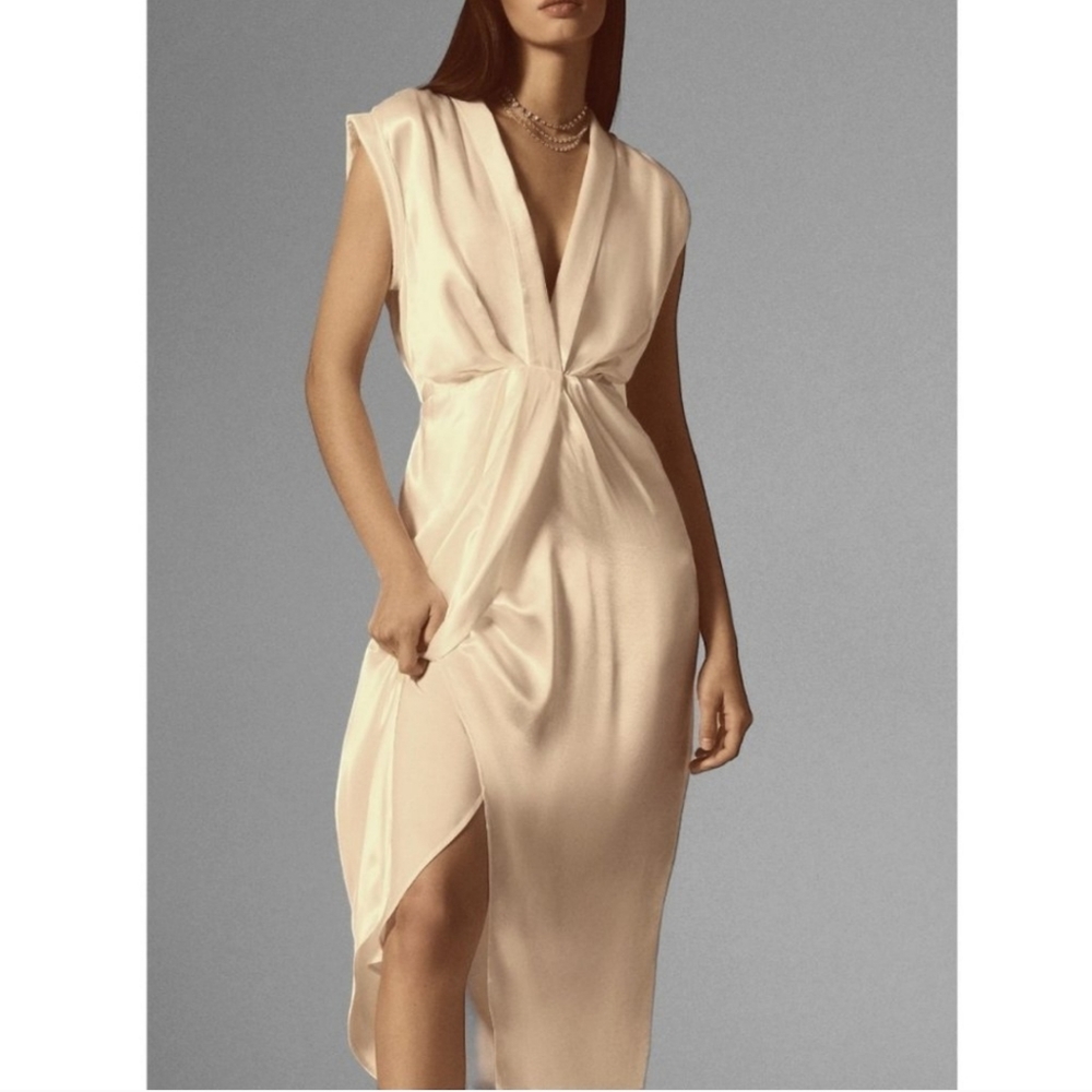 Anthropologie Sleeveless V-Neck Twist-Front Satin Dress Ivory Champagne NWT